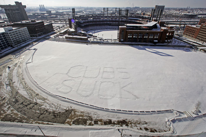 Wednesday January 28, 2009 After an overnight snowfall in St. Louis, someone stomped out the words "Cubs Suck" in Ballpark Village, as seen from a view from the 19th floor of the Hilton St. Louis at the Ball Park. ©2009 Max Gersh | St. Louis Post-Dispatch
