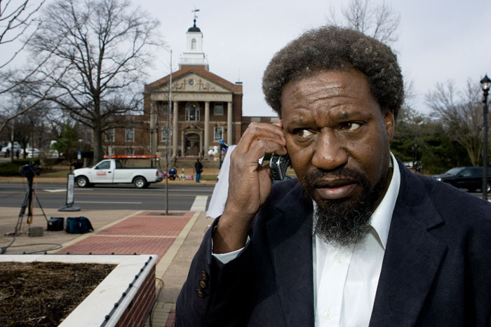 2nd Place News - Gerald Thornton takes a phone interview outside of the Kirkwood City Hall Feb. 8, 2008. Thornton is the borther of Charles Lee "Cookie" Thornton who entered the Kirkwood City Hall armed Feb. 7. "Cookie" Thornton killed two officers and three more city workers before he was killed by police officers.