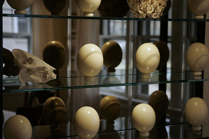 Faux ostrich eggs line the shelve in the dining room of Edwin Massie. ©2009 Max Gersh | St. Louis Post-Dispatch