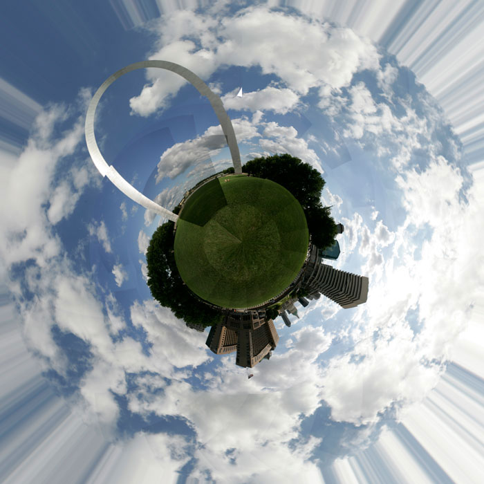 Photoshopped version of the 360 panoramic of the St. Louis Arch grounds. Photoshop left sloppy merge lines and caused signifcant distortion. ©Max Gersh 2009
