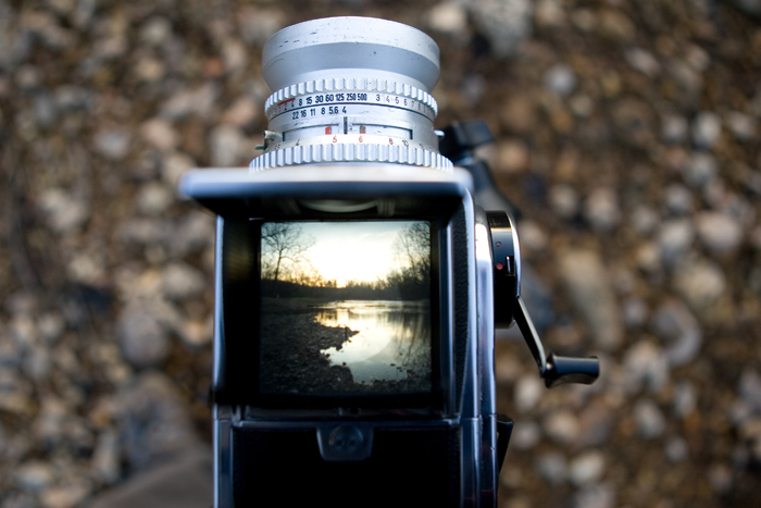 Looking down at the ground glass of a 1976 Hasselblad 500 C/M at a stream in Potosi, MO. ©2009 Max Gersh