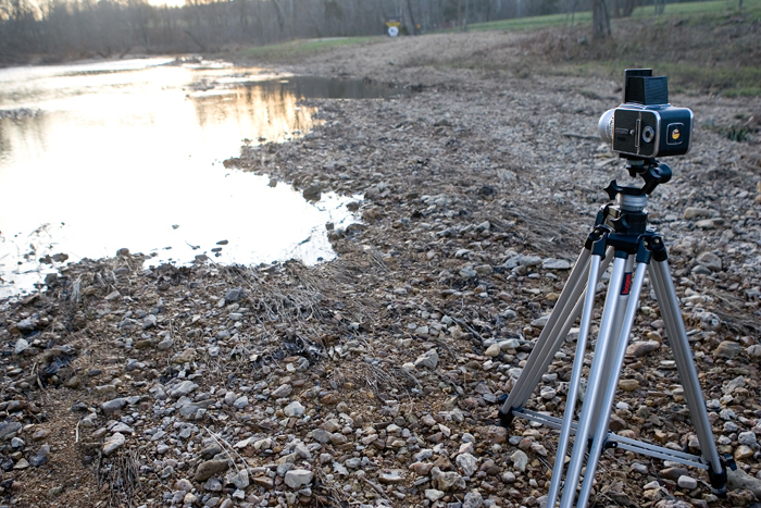 A Hasselblad 500 C/M set up on a tripod overlooking a stream in Potosi, MO. ©2009 Max Gersh