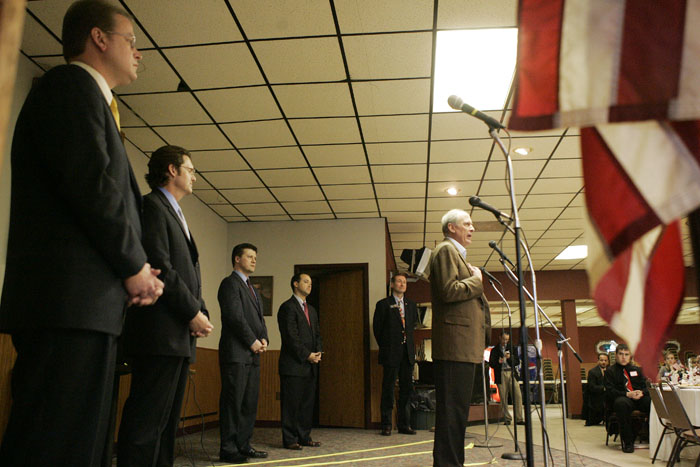 Former U.S. Senator Dan Coats speaks during the debate. Also pictured are (left to right) Don Bates Jr., Richard Behney, John Hostettler, Marlin Stutzman and Nate LaMar.Former U.S. Senator Dan Coats speaks during the debate. (C-T photo Max Gersh) ©2010