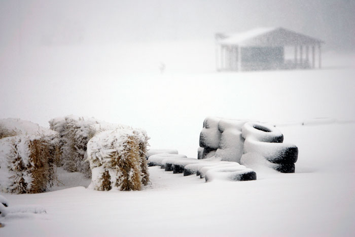 Hay bails and tires sit stacked and snow-covered at the bottom of a popular sled hill in Memorial Park. (C-T photo Max Gersh)