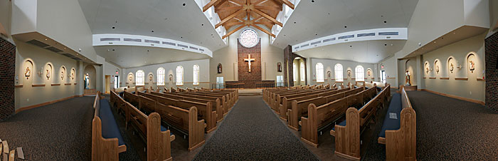 The interior of the new St. Anne Catholic Church is seen in this photo illustration showing approximately a 180-degree view. The image was composed from 24 separate photos. (C-T photo illustration Max Gersh) ©2010
