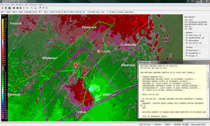 This radar image shows the relative storm velocity of a storm that produced a confirmed tornado in the St. Louis area.
