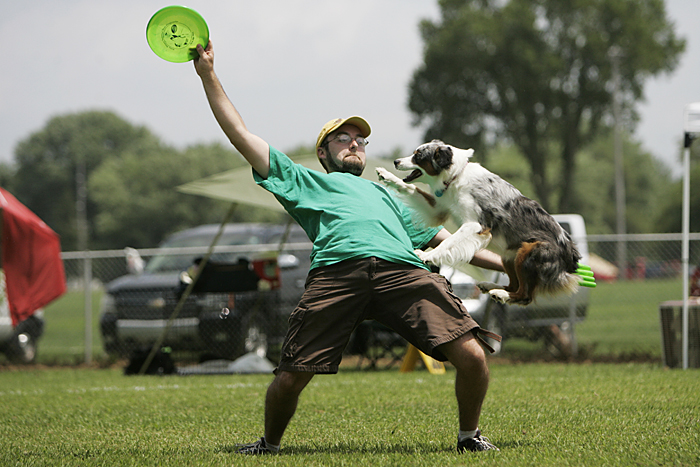 Matt Bilderback of Columbus, Ohio competes in the expert freestyle event with his dog, Bella, at the Skyhoundz North Central Regional championship in Osborne Park. (C-T photo Max Gersh) ©2010