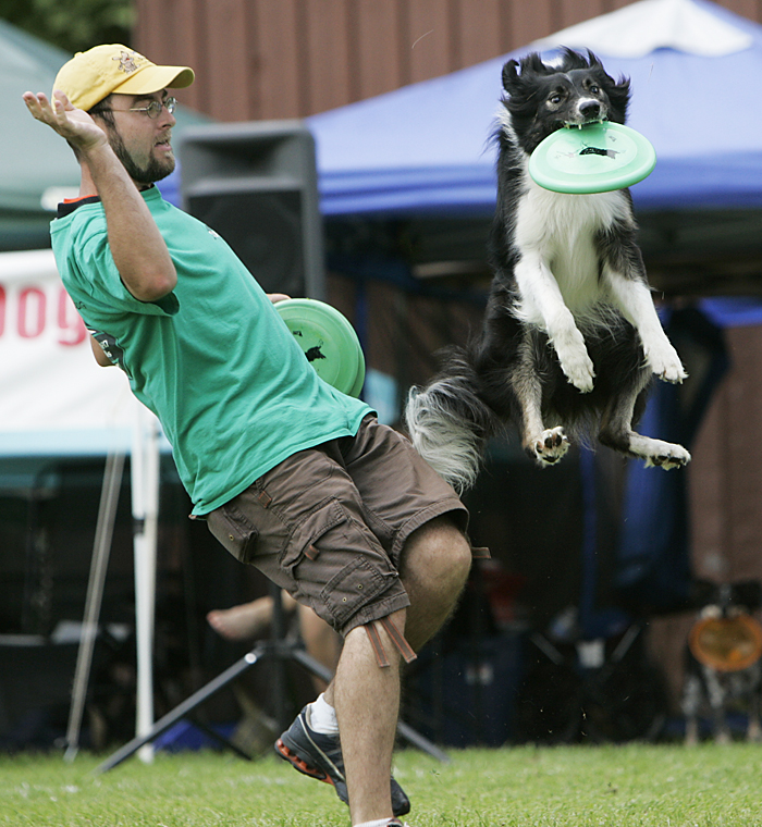Matt Bilderback of Columbus, Ohio competes in the expert freestyle event with his dog, Buddy, at the Skyhoundz North Central Regional championship in Osborne Park. (C-T photo Max Gersh) ©2010
