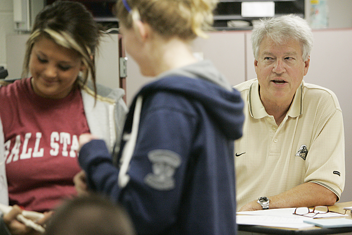 Bill Wessler wears his Purdue shirt Thursday afternoon while teaching a government class at New Castle Chrysler High School during College Go Week. (C-T photo Max Gersh) ©2010