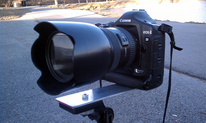 My Canon EOS 1D Mark II with 24-70 f/2.8 L lens on a DIY nodal point slide to acheive accurate panoramas. ©2010