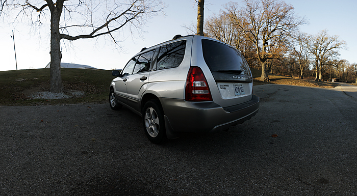 A panorama of my Subaru Forester in Memorial park. This was shot on my DIY nodal slide and consists of 18 images. ©2010