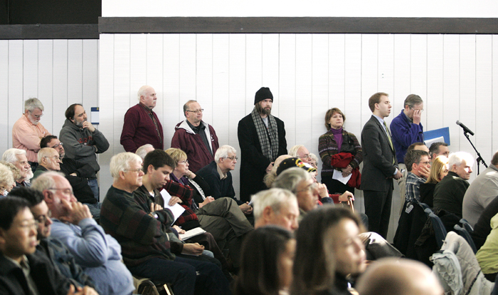 MAX GERSH | ROCKFORD REGISTER STAR People line up to ask Sen. Mark Kirk and Rep. Don Manzullo questions Saturday, Jan. 22, 2011, at a town hall meeting at the Rock Valley College Stenstrom Center in Rockford. ©2011