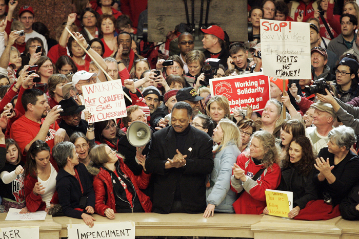 MAX GERSH | ROCKFORD REGISTER STAR  Rev. Jesse Jackson speaks to a crowd of people Friday, Feb. 18, 2011, at the state Capitol in Madison, Wis. ©2011