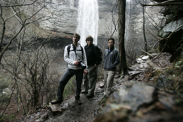 From left, Gavin Culbertson, Max Gersh and Yuefeng Deng at Fall Creek Falls. ©2011 Max Gersh