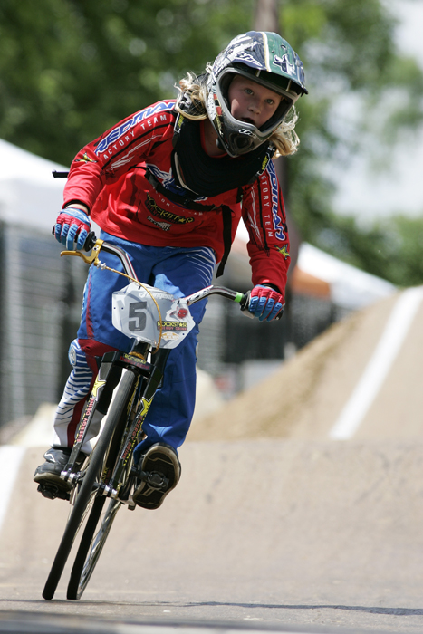 MAX GERSH | ROCKFORD REGISTER STAR Andres Papajohn, 9, of Gardnerville, Nev., rides off the track after a practice run Thursday, June 16, 2011 for the ABA BMX Midwest Nationals at Searls Park in Rockford. ©2011