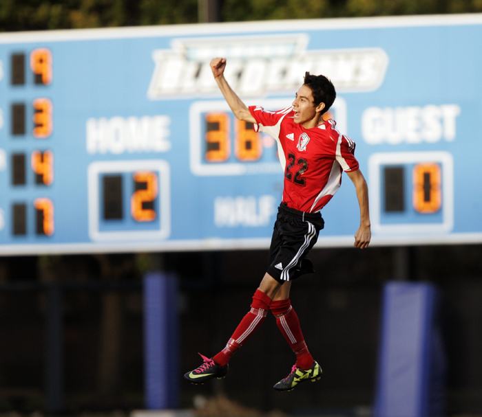 MAX GERSH | ROCKFORD REGISTER STAR Stillman Valley's Pifa Estrada (22) celebrates after scoring the team's only goal Tuesday, Oct. 25, 2011, during the 1A supersectional soccer tournament against Parker at DePaul University's Wish Field in Chicago. © 2011