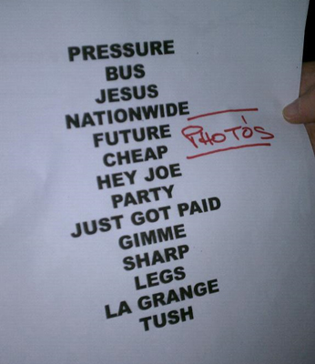 ZZ Top's set list. Photographers were allowed to shoot the two songs in the marked section. © 2011