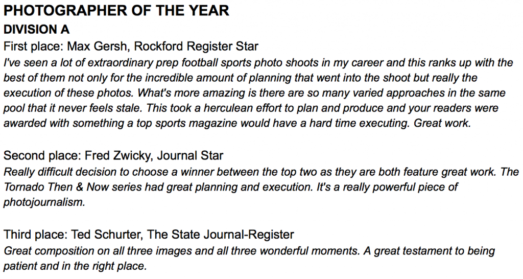 I am honored to be named the Division A GateHouse Photographer of the Year.