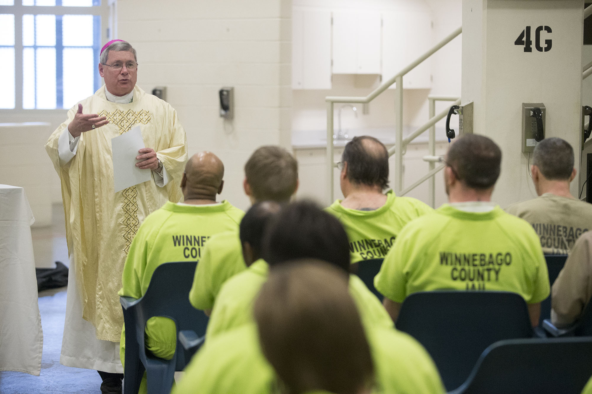 Bishop David J. Malloy delivers a sermon to inmates Sunday, March 27, 2016, during Easter Mass at the Winnebago County Jail in Rockford. MAX GERSH/STAFF PHOTOGRAPHER/RRSTAR.COM ©2016